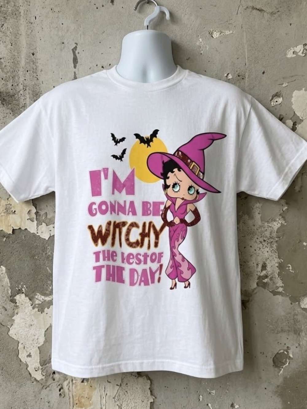 Betty Boop Witch Halloween Graphic T-Shirt Gildan 5000 Heavy Cotton Women Tee